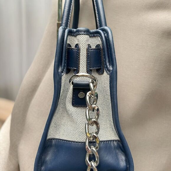 Michael Kors Hamilton Mono Stripe Canvas/Leather Satchel - Navy & Light Blue - Picture 3 of 11